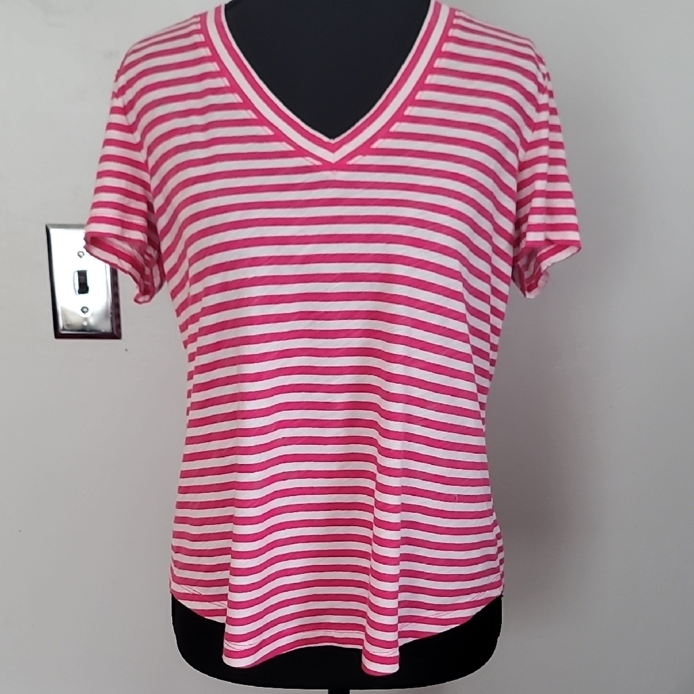 LOFT Fitted White and Pink Short Sleeve Tee